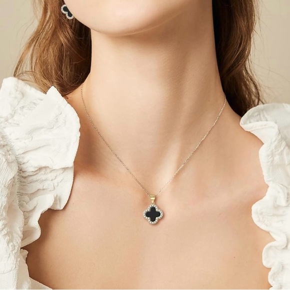 Neiman Marcus Stainless Steel Black Lucky Clover Necklace - Picture 2 of 5